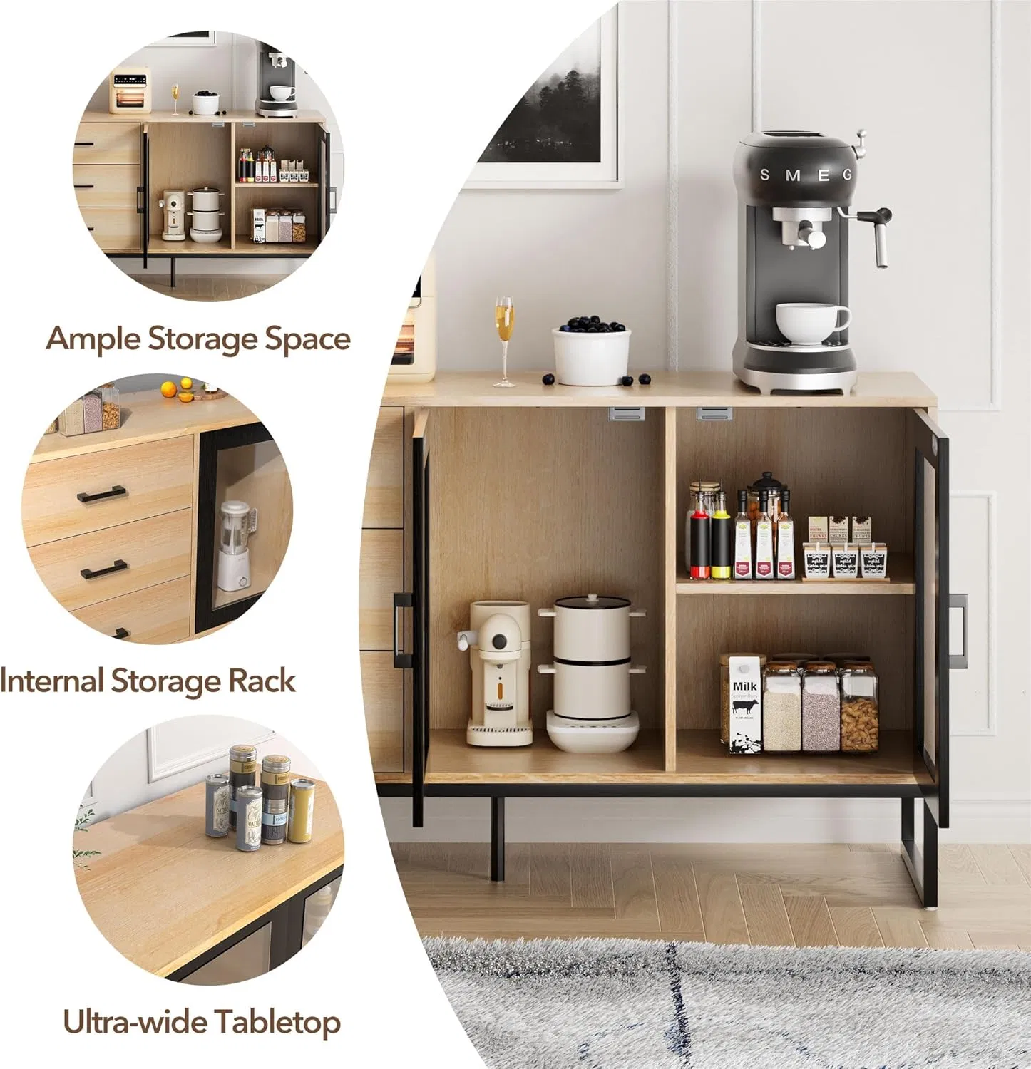 Multifunctional Modern Buffet Storage Cabinet with Glass Doors Coffee Bar Cabinet Solid Wood Sideboard