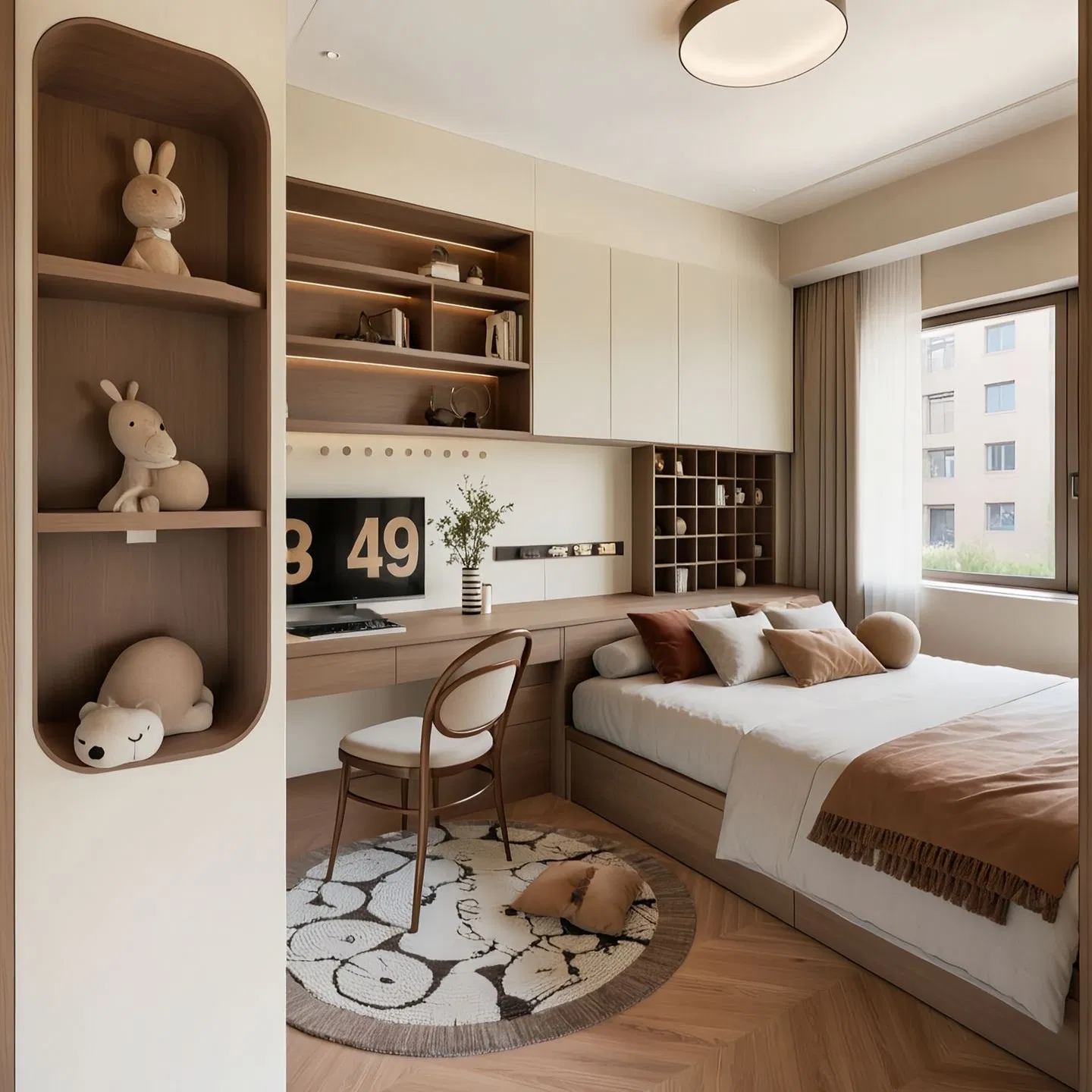 Residential Bedroom Wardrobe with Desk Integrated Space, Use Large-Capacity Storage Space with a Sense of Design to Customize Wooden Tatami Bed