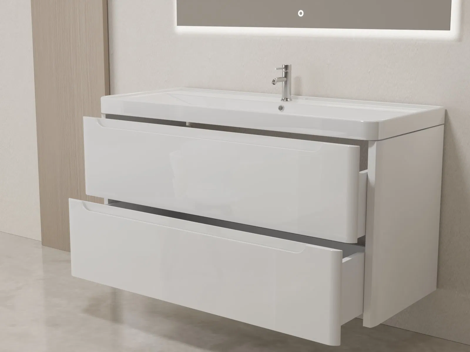 Tallboy Unit Storage Sanitary Ware Set Bath Furniture Bathroom Vanity Cabinet with Ceramic Wash Basin Sink for Faucet Lighted LED Mirror Made in China