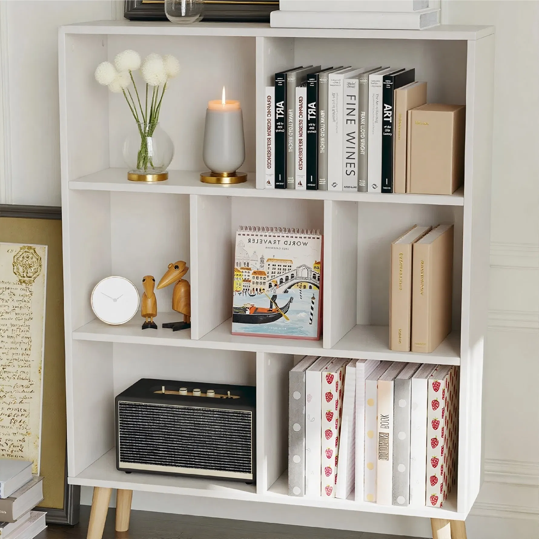 Wooden Display Open Storage Shelves Bookcase Boo Square White Frame 3 Tiers Back Leaning Bookshelf