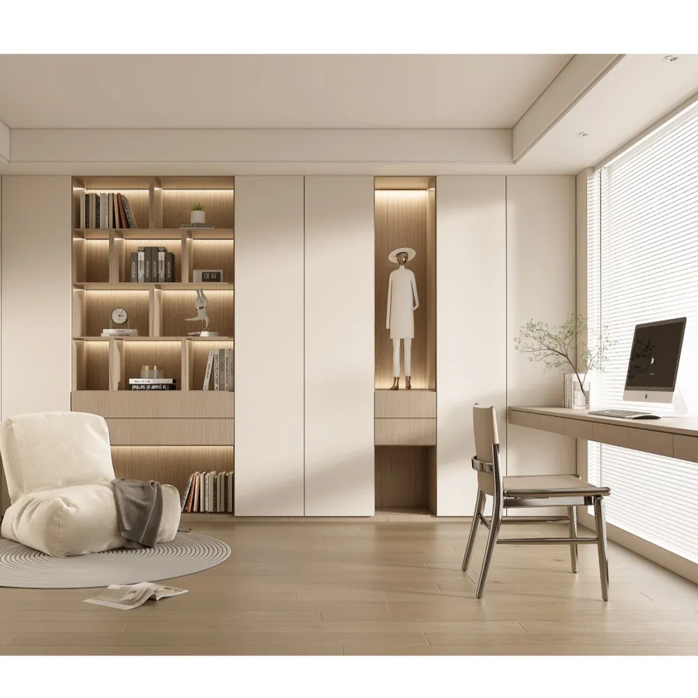 Modern White Study Room Pet Door Panel Bookcase Glass Door LED Light Strip