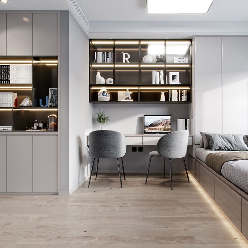 Foshan Furniture Cheap Modern Bedroom Sets Furniture Wood Wall Hotel Storage Wall Tatami Beds with Study Table