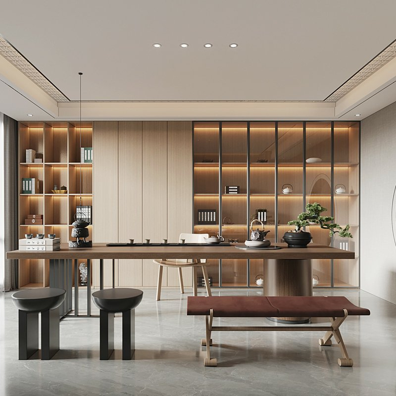 Modern Style Study Bedroom Grey Pet Panel Desk Bookcase Custom Design Wooden Solid Wood Office Bookcase Glass Door Light Strip