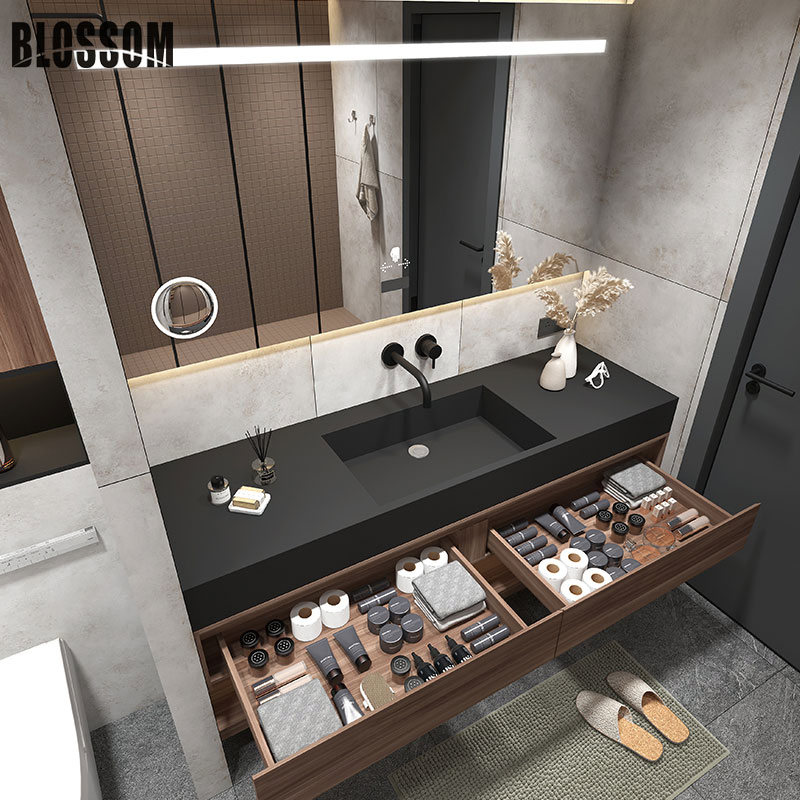 Modern Freestanding Vanity with Wooden Sintered Stone Sink Cabinet and Mirror