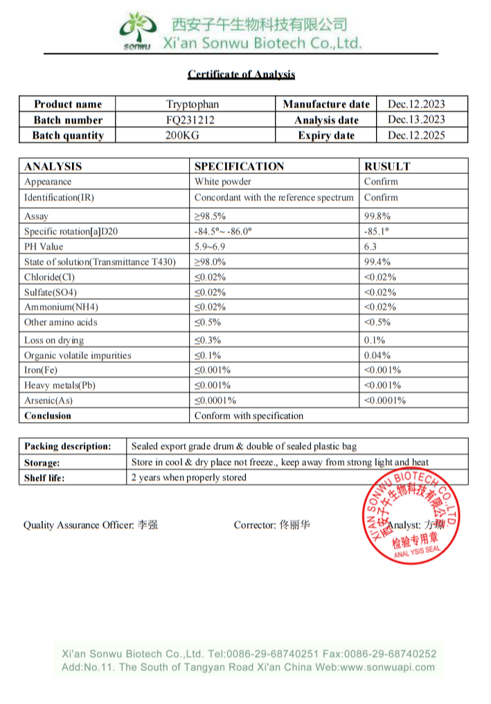 Best Quality Tryptophan Powder L-tryptophan Tryptophan