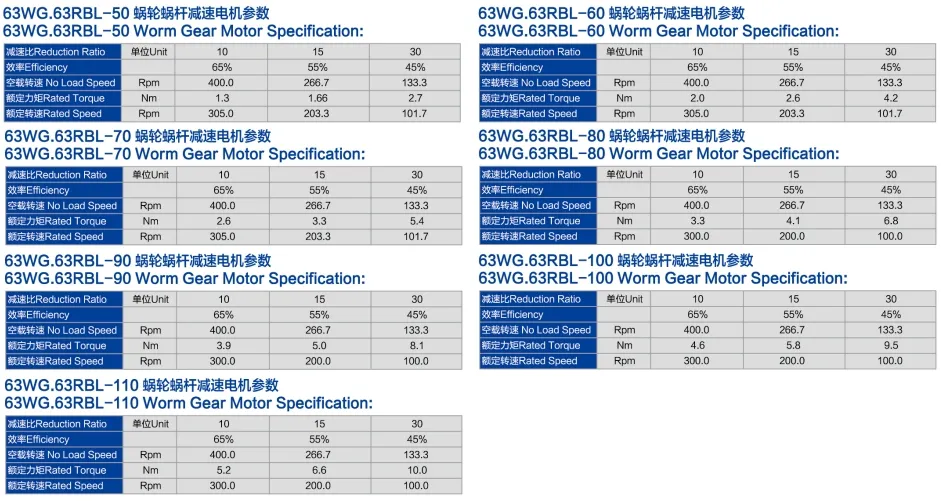 BLDC Worm Gear Motor Technical Data
