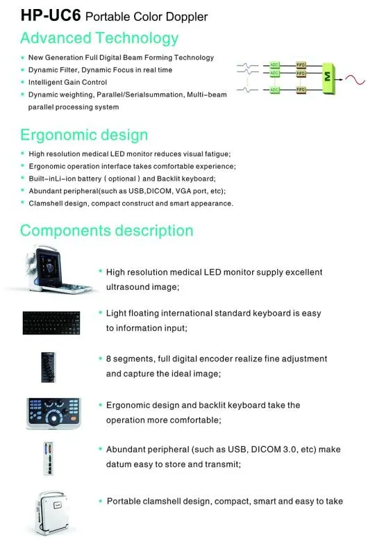 Sistema de Diagnóstico Ultrasonido Doppler Color Portátil de Clínica China 2D 4D
