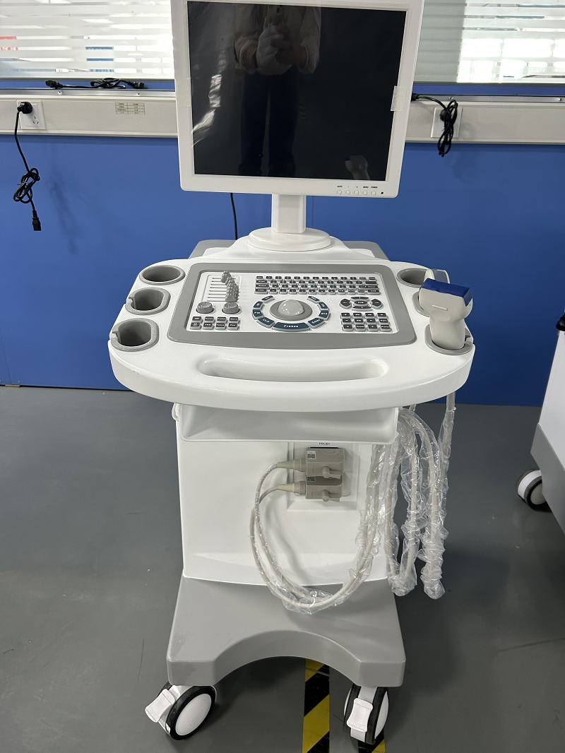 Carro de máquina de ultrasonido digital completo en blanco y negro para equipos hospitalarios