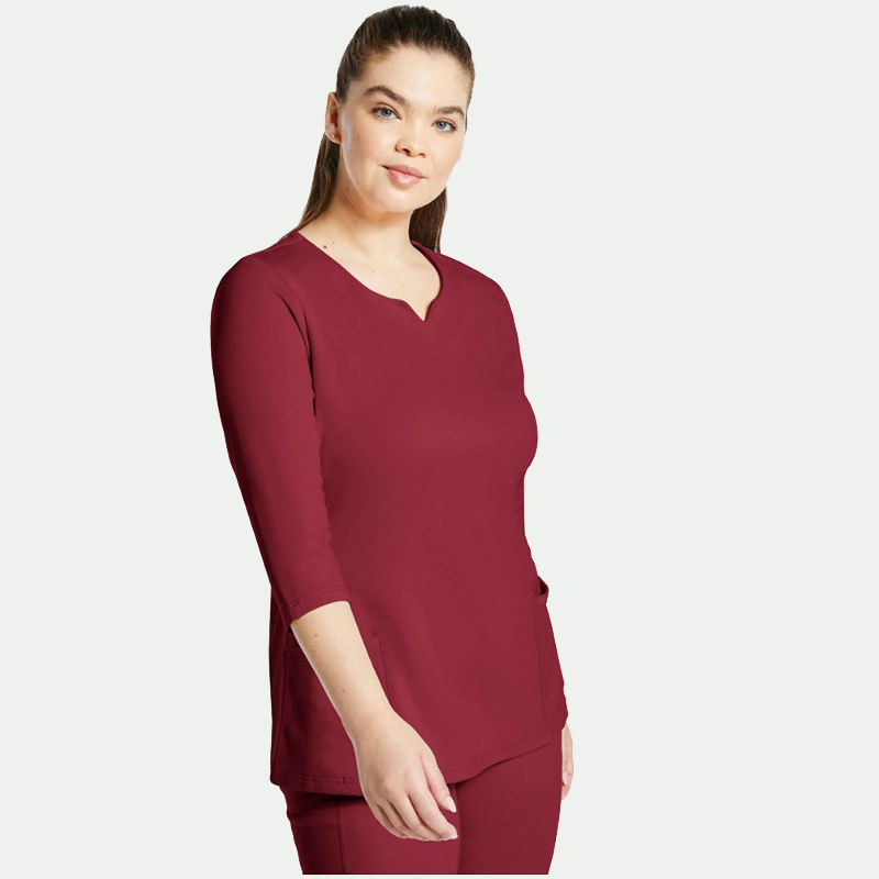 Red Color Fashionable Heart Neck Design Hospital Uniform 3/4 Sleeves Polyester Spandex Stretchy Anti-Bacterial Medical Scrubs Customized Design Nurse Scrubs