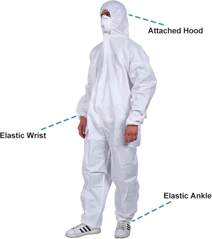 Disposable Protective Coveralls and Upper Tracksuits with Hood, Overshoes and Gloves