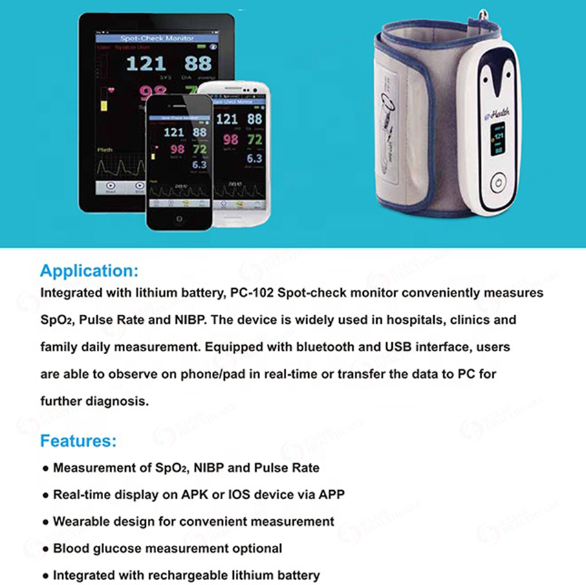 Portable Spot-Check Pulse Rate NIBP SpO2 Monitor Wearable Telemedicine Blood Pressure Monitor