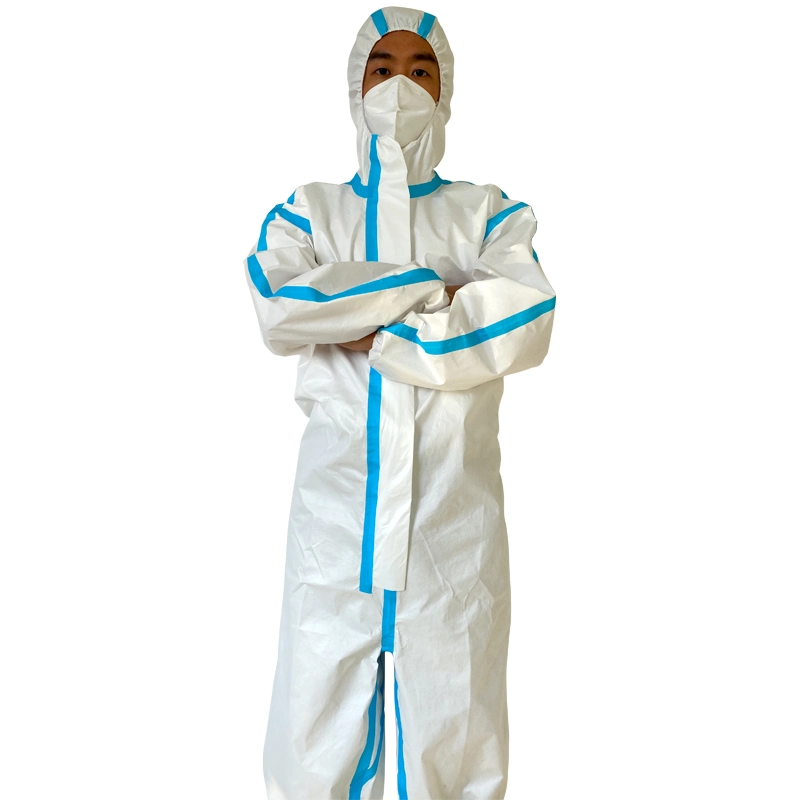 Safety Protective Chemical Microporous Impervious Waterproof Breathable Disposable Non-Woven Clothing Coverall with Hood and Melt Tap for Industry Hospital Lab