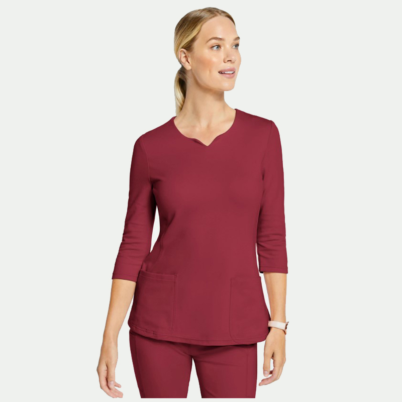 Red Color Fashionable Heart Neck Design Hospital Uniform 3/4 Sleeves Polyester Spandex Stretchy Anti-Bacterial Medical Scrubs Customized Design Nurse Scrubs