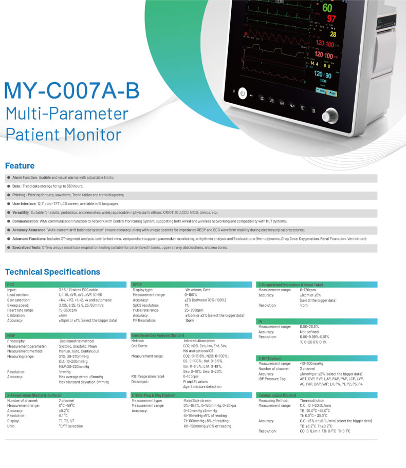 My-C007A-B High Quality Easy Operation Patient Monitor Display Touch Screen Multi-Parameter Patient Monitor
