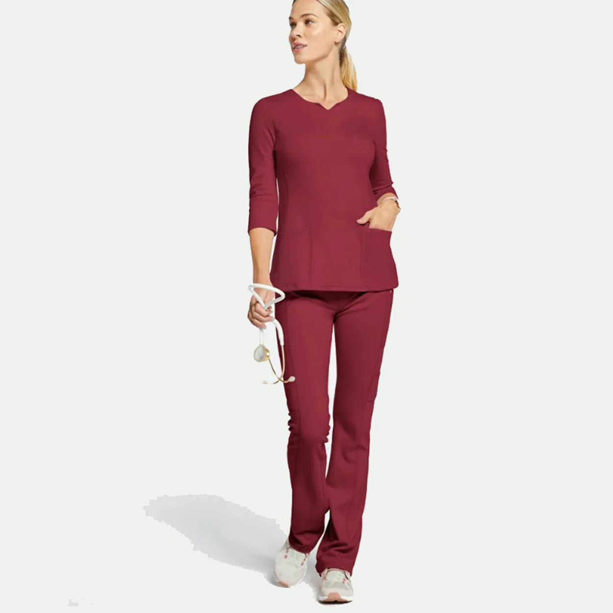 Red Color Fashionable Heart Neck Design Hospital Uniform 3/4 Sleeves Polyester Spandex Stretchy Anti-Bacterial Medical Scrubs Customized Design Nurse Scrubs