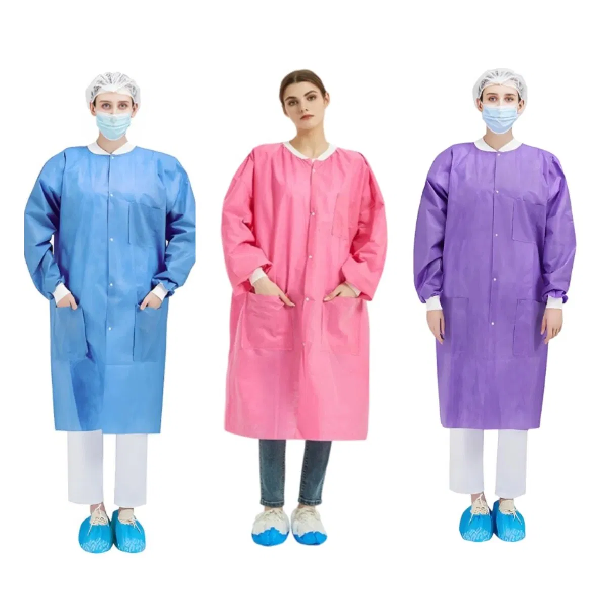Factory Protective Anti-Static White Blue Pink Purple Polypropylene Micro-Porous Non-Woven PP SMS Medical Dental Disposable Lab Jacket Coat