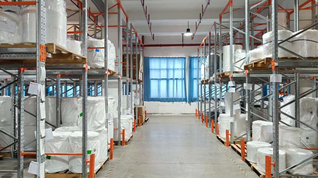 Raw materials warehouse at our disposable PPE manufacturing factory