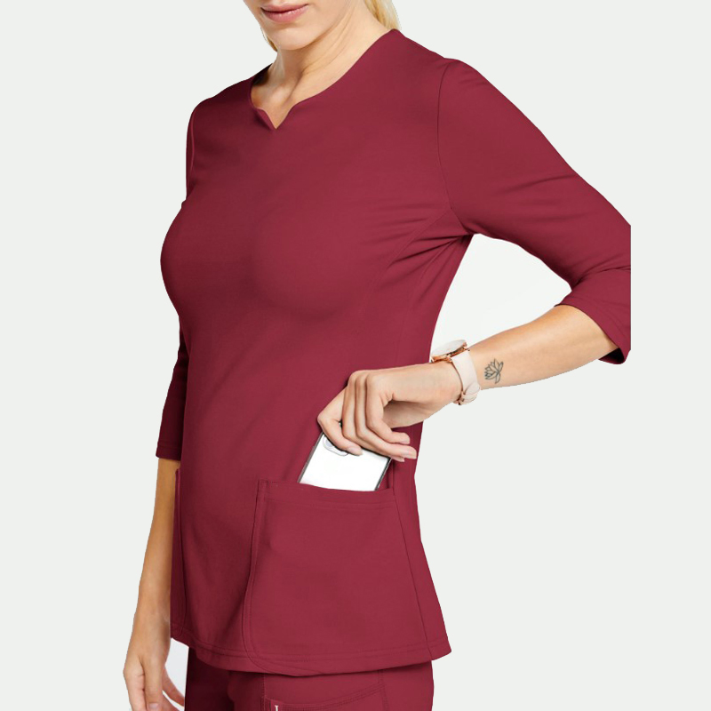 Red Color Fashionable Heart Neck Design Hospital Uniform 3/4 Sleeves Polyester Spandex Stretchy Anti-Bacterial Medical Scrubs Customized Design Nurse Scrubs