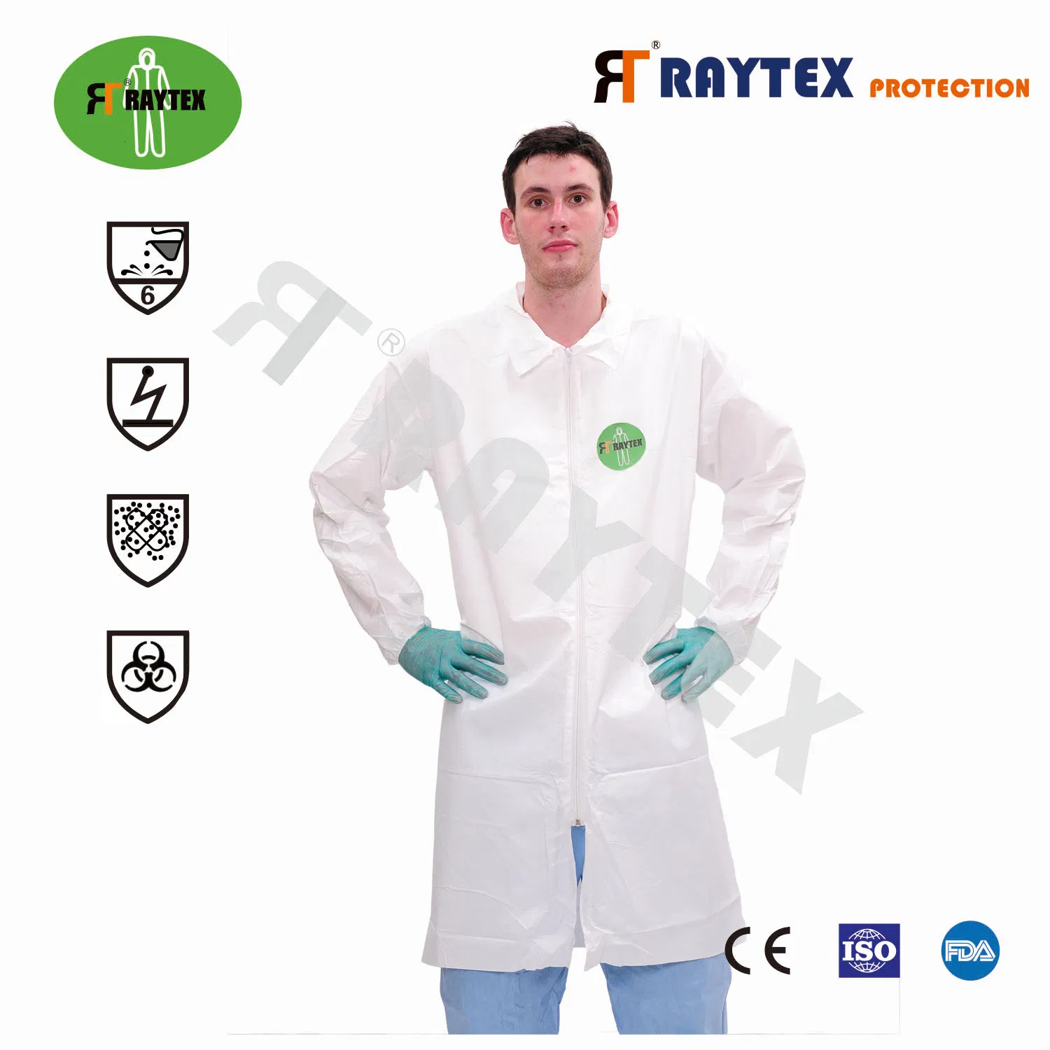 Disposable Nonwoven Microporous PP SMS Lab Coat with Button Zipper for Laboratory
