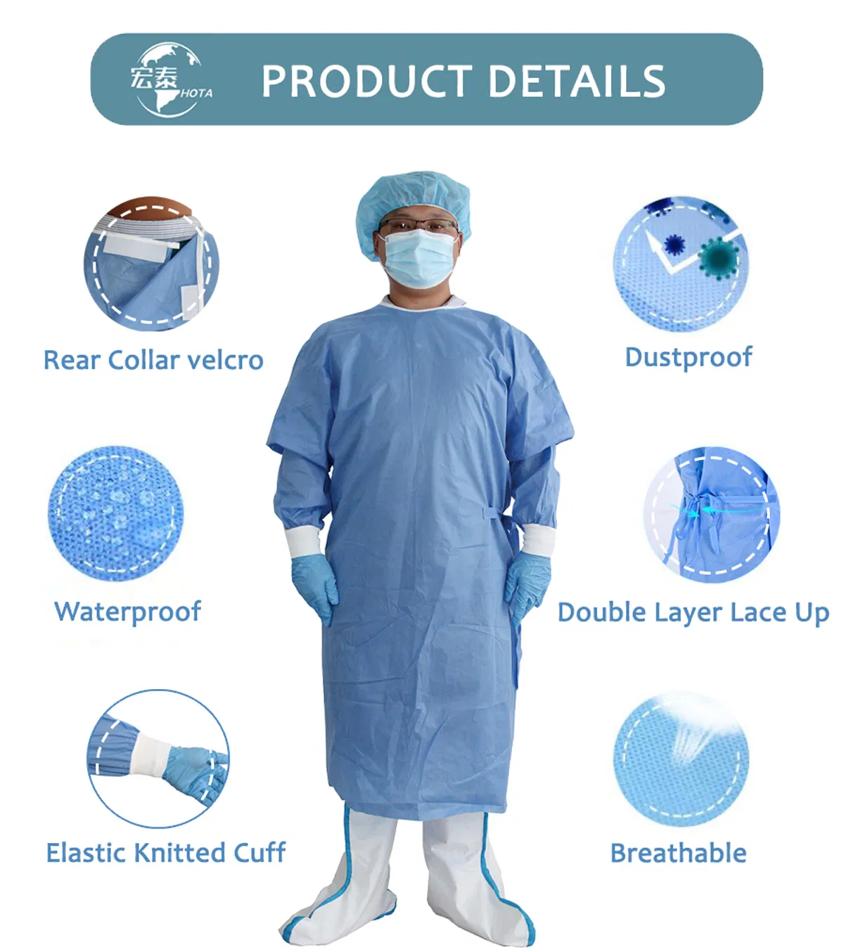 Disposable Gown Waterproof PP PE 35-55GSM SMMS /SMS Patient Gowns Surgical Isolation Gown