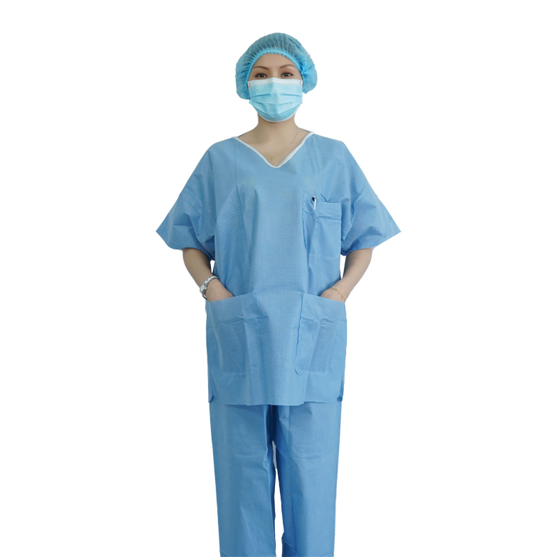 Disposable Non Woven Medical Protective Scrub Suits with Pockets Top and Ties on Pants Certified of CE, ISO13485, FDA
