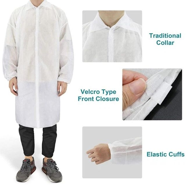 High Quality Disposable Non Woven Long Sleeve Protective Lab Coat with Collar