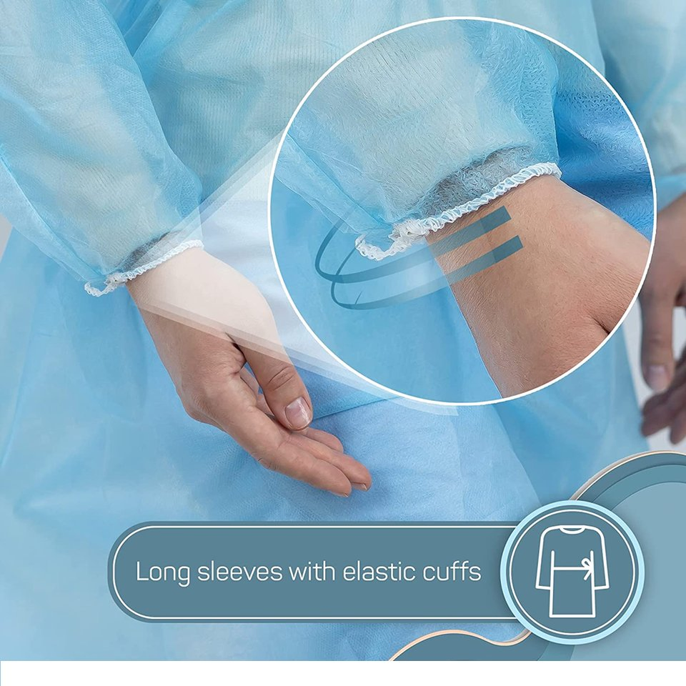 Disposable Blue PP Medical Gowns with Elastic Cuffs 15-50GSM Isolation Gowns in Cheap
