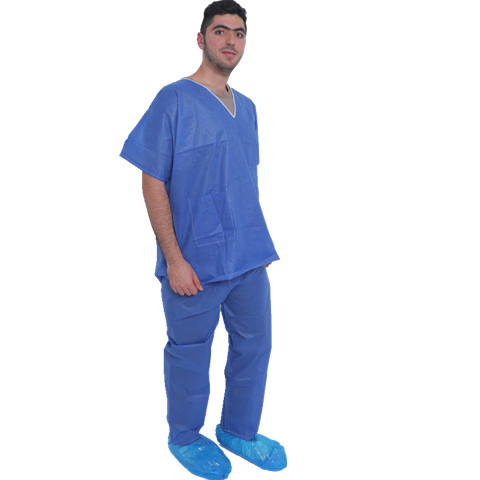 Disposable Non Woven Medical Protective Scrub Suits with Pockets Top and Ties on Pants Certified of CE, ISO13485, FDA