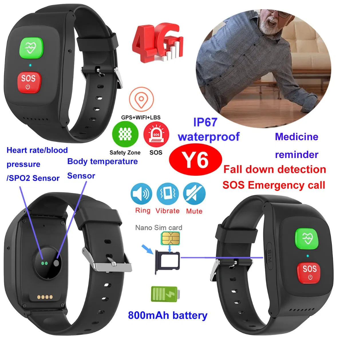 4G IP67 waterproof senior healthcare Alzheimer's patients GPS device with live map Geo-fence alerts Y6