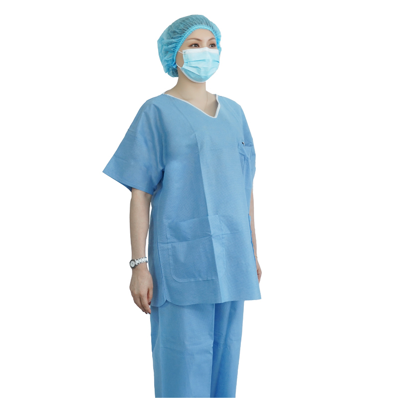 Disposable Non Woven Medical Protective Scrub Suits with Pockets Top and Ties on Pants Certified of CE, ISO13485, FDA