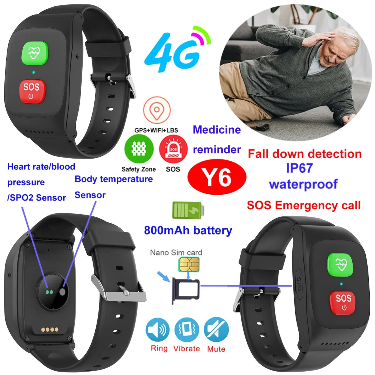 New arrival China manufacture 4G IP67 waterproof smart dementia patients GPS tracker device with panic button Geo-fence alerts for anti lost Y6
