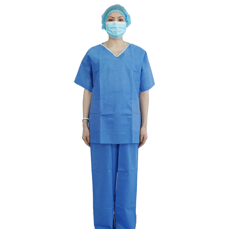 Disposable Non Woven Medical Protective Scrub Suits with Pockets Top and Ties on Pants Certified of CE, ISO13485, FDA
