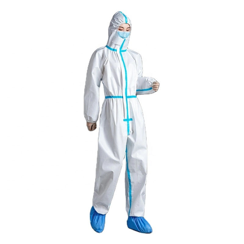 Safety Protective Chemical Microporous Impervious Waterproof Breathable Disposable Non-Woven Clothing Coverall with Hood and Melt Tap for Industry Hospital Lab