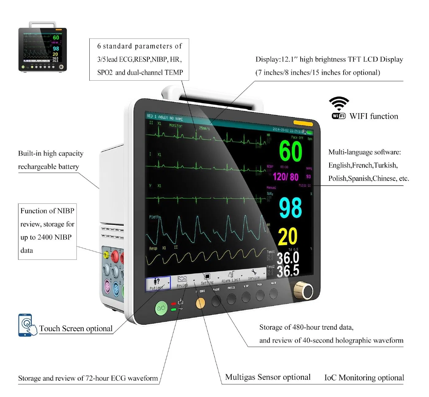 Veterinary Use Hospital Equipment Portable Multi-Parameter Patient Monitor (THR-PM603 VET)