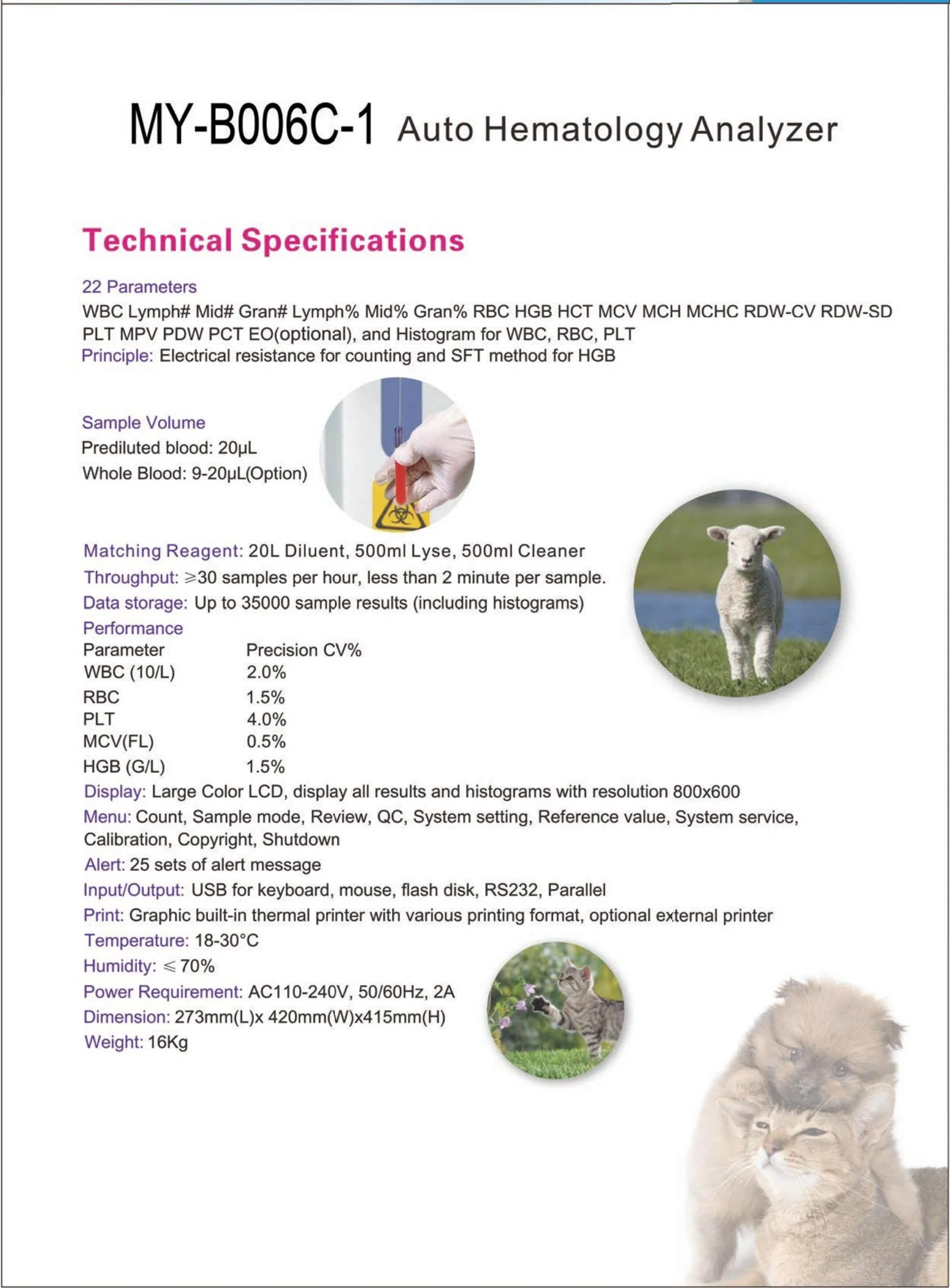 My-B006c-1 Hot Selling Vet Diagnostic Device Clinical Auto Hematology Analyzer for Veterinary Use