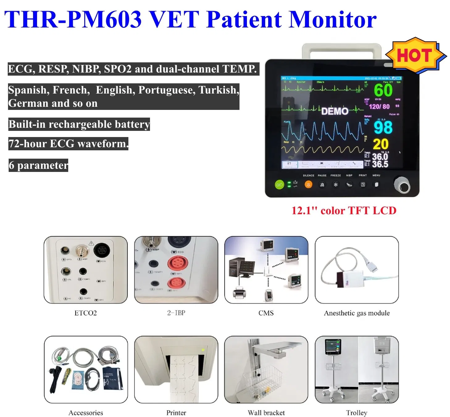 Veterinary Use Hospital Equipment Portable Multi-Parameter Patient Monitor (THR-PM603 VET)