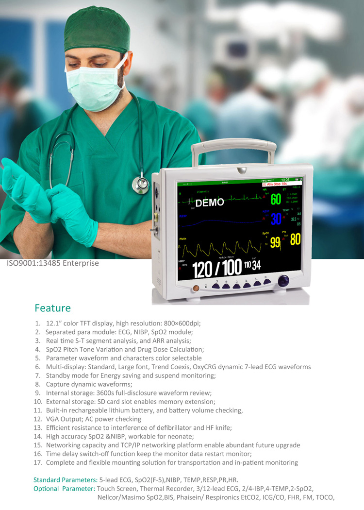 Veterinary 12.1 Inch Multi-Parameter ICU Patient Monitor with SpO2 NIBP