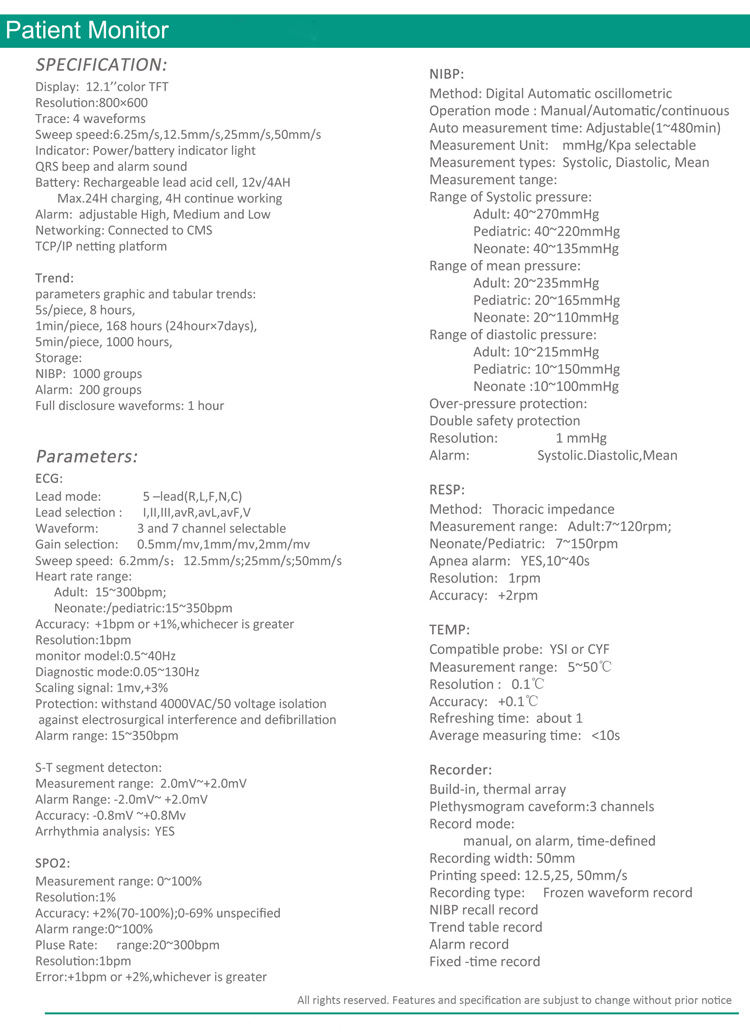 Veterinary 12.1 Inch Multi-Parameter ICU Patient Monitor with SpO2 NIBP