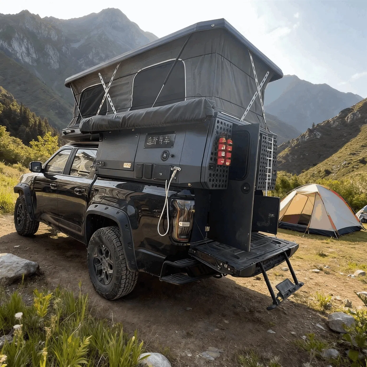 Adventure Ready Pop up Truck Camper Including Outdoor Shower Enclosure and Portable Toilet Compartment