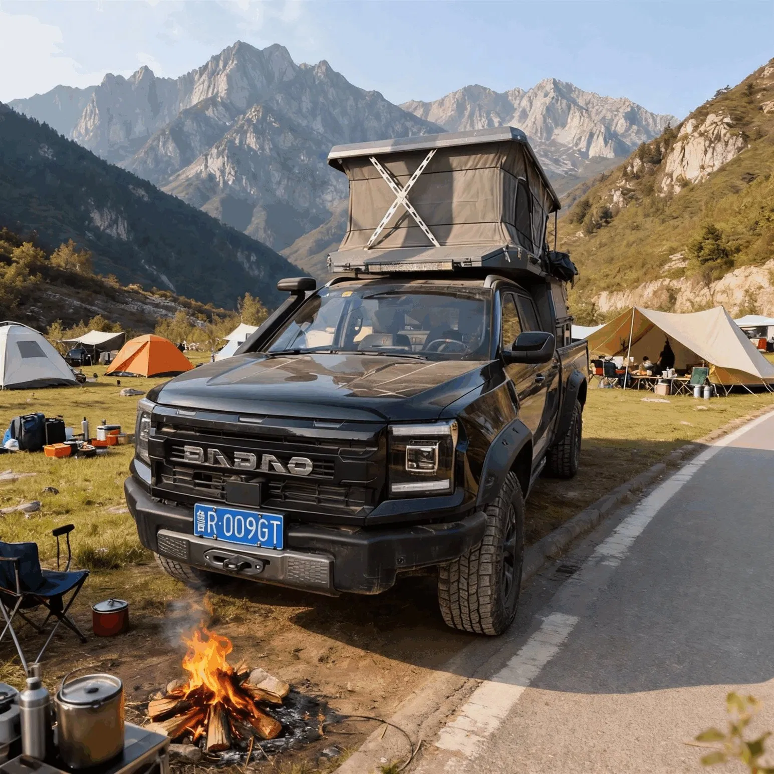 Adventure Ready Pop up Truck Camper Including Outdoor Shower Enclosure and Portable Toilet Compartment