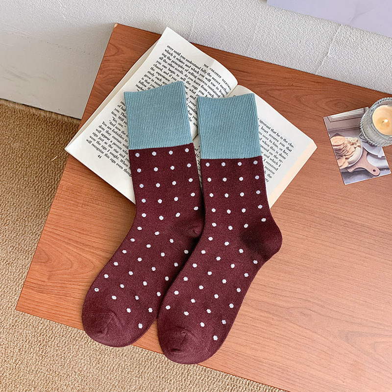 Meias Elegantes com Pequenos Pontos até o Meio da Panturrilha para Mulheres, Outono e Inverno, Novas Meias Personalizadas, Colisão de Cores Diárias, Retro, Estilo Coreano Mori
