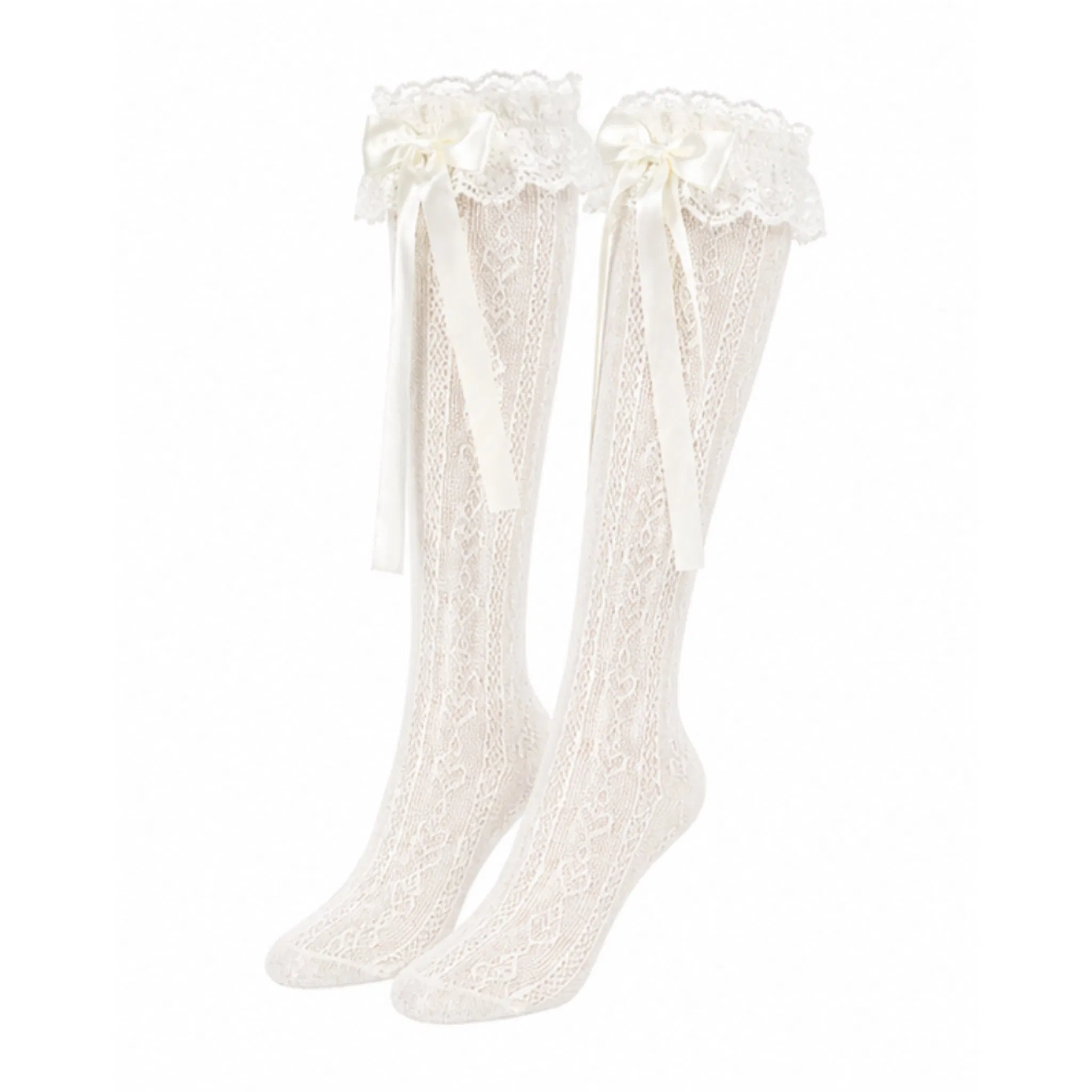 Meias de Crochê Brancas Altas com Renda e Laço de Cetim para Meninas, Meias de Princesa para Vestido, Disponíveis em Estoque e Personalizáveis