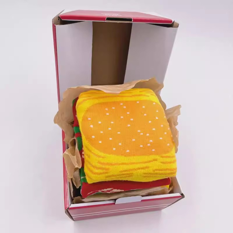 Meias de Algodão Fashion Hamburger em Caixa para Presentes, Meias Casuais para Casal