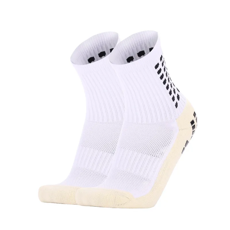 Meias atléticas antiderrapantes de alto desempenho, de venda por atacado, com design azul e branco, para futebol