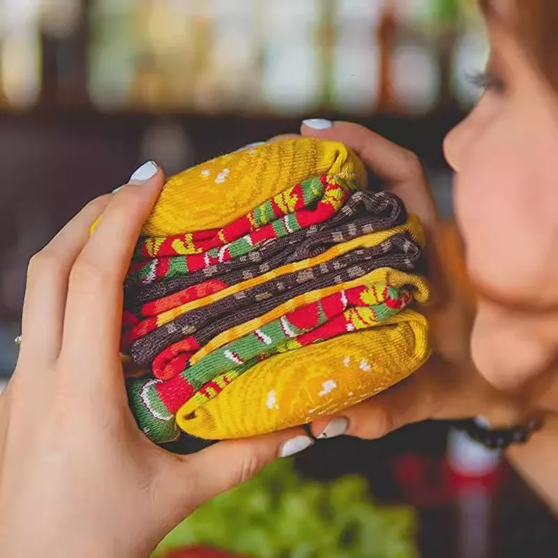 Meias de Algodão Fashion Hamburger em Caixa para Presentes, Meias Casuais para Casal