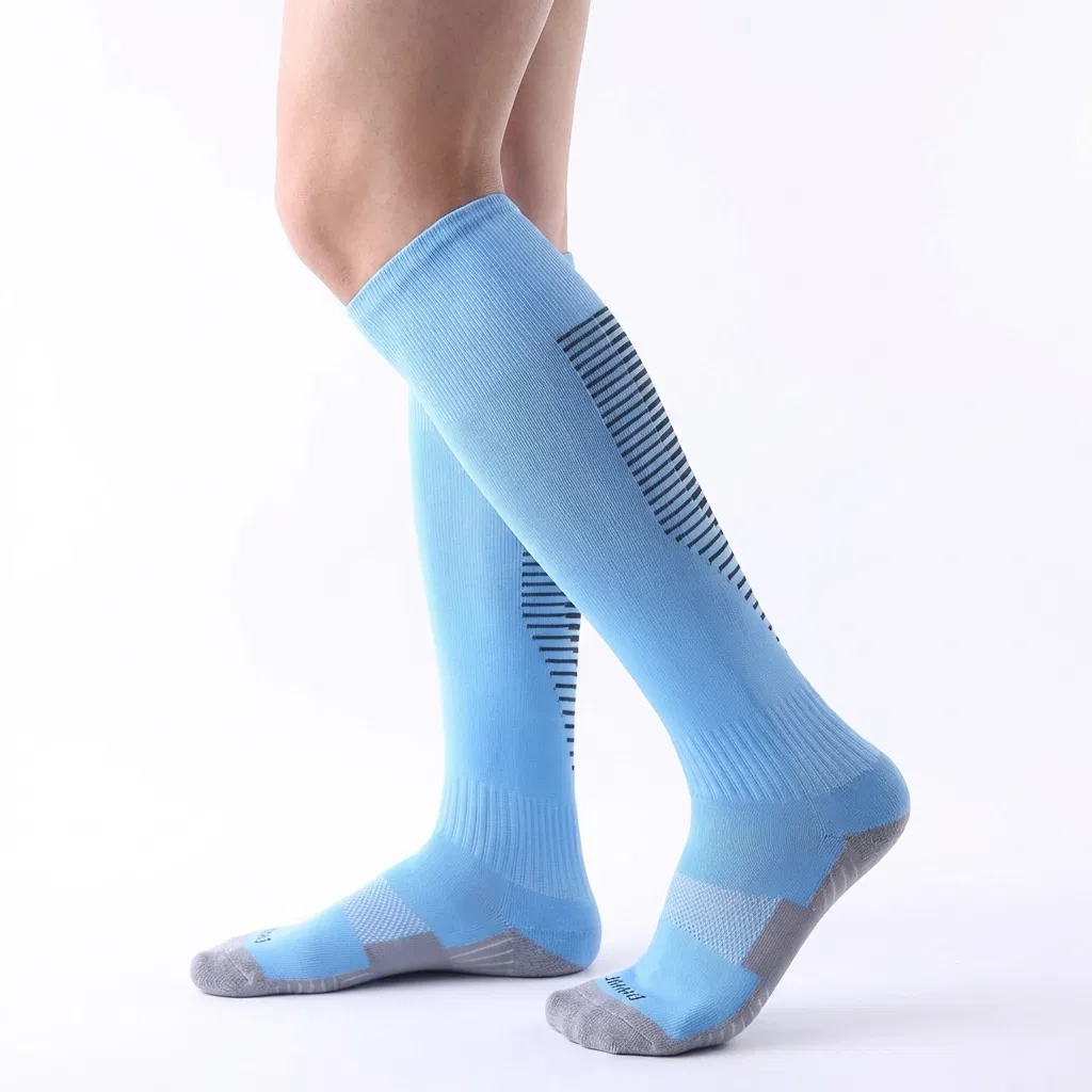 Meias esportivas de cano alto personalizadas, espessas, de terry, respiráveis e antiderrapantes para futebol