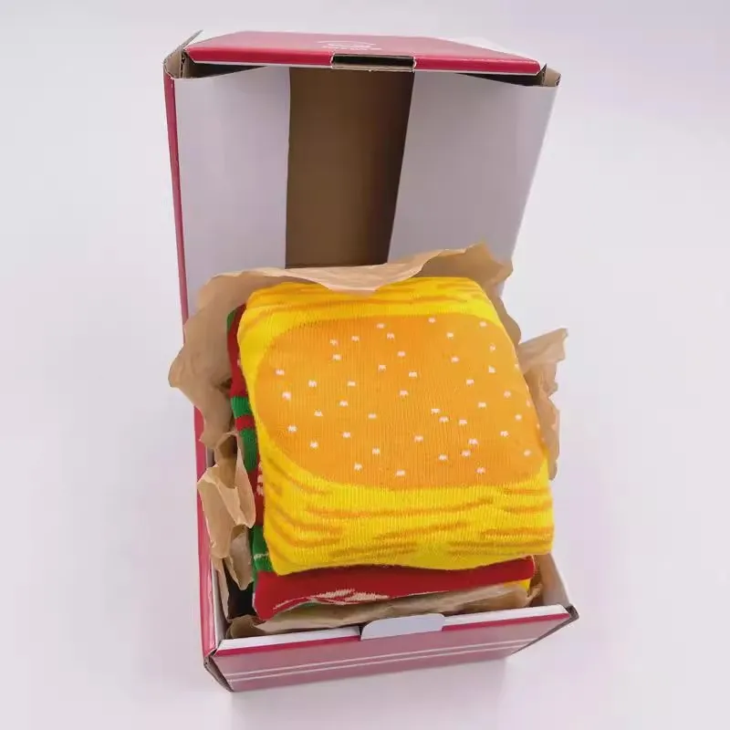 Meias de Algodão Fashion Hamburger em Caixa para Presentes, Meias Casuais para Casal