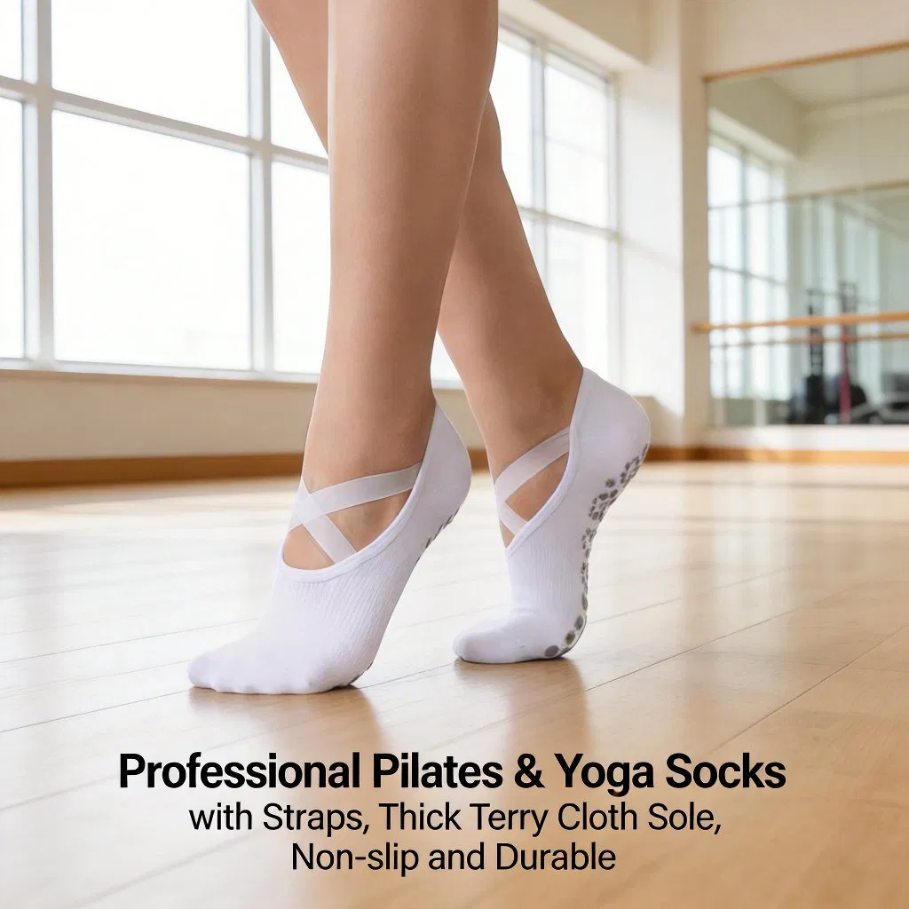 Meias de Yoga Indoor para Mulheres com Alça de Treinamento em Terry Personalizadas para Fitness e Pilates