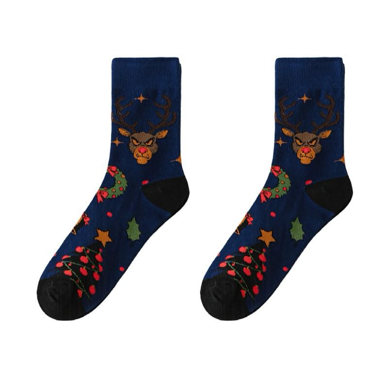 Meias de Natal Unissex Impressas Assortidas de Cano Médio com Flocos de Neve, Árvore, Papai Noel e Rena para Festas Casuais de Fim de Ano em Algodão, Tamanho Personalizado, Envio Rápido, Produtos em Estoque