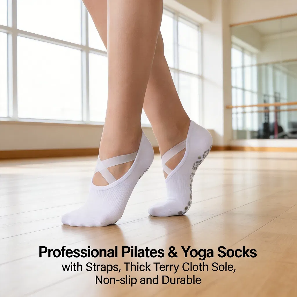 Meias de Yoga Indoor para Mulheres com Alça de Treinamento em Terry Personalizadas para Fitness e Pilates